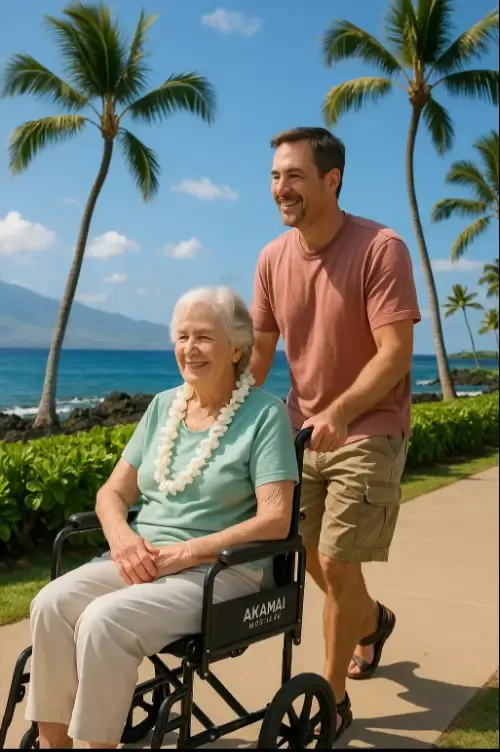Smiling senior woman in a mint green shirt with a white lei riding in an Akamai Mobility transport wheelchair along Wailea’s oceanfront path, pushed by a man in a salmon shirt under clear blue skies.